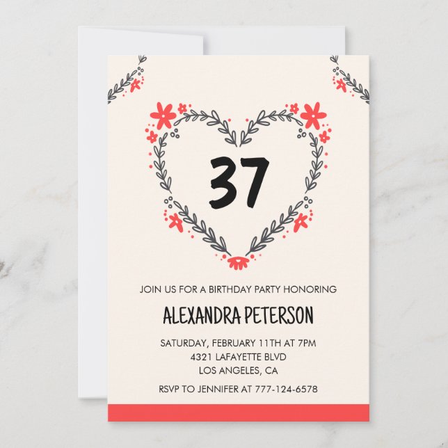 Modern Any age Floral Heart für ihren 37. Geburtst Einladung (Vorderseite)
