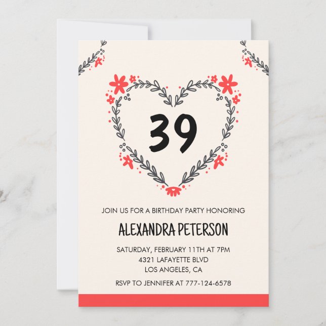 Modern Any age Floral Heart für ihren 39. Geburtst Einladung (Vorderseite)