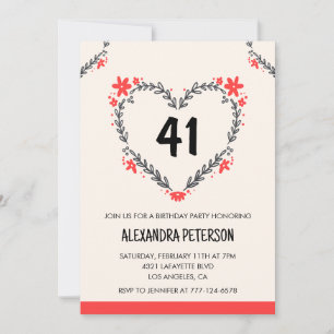 Modern Any age Floral Heart für ihren 41. Geburtst Einladung