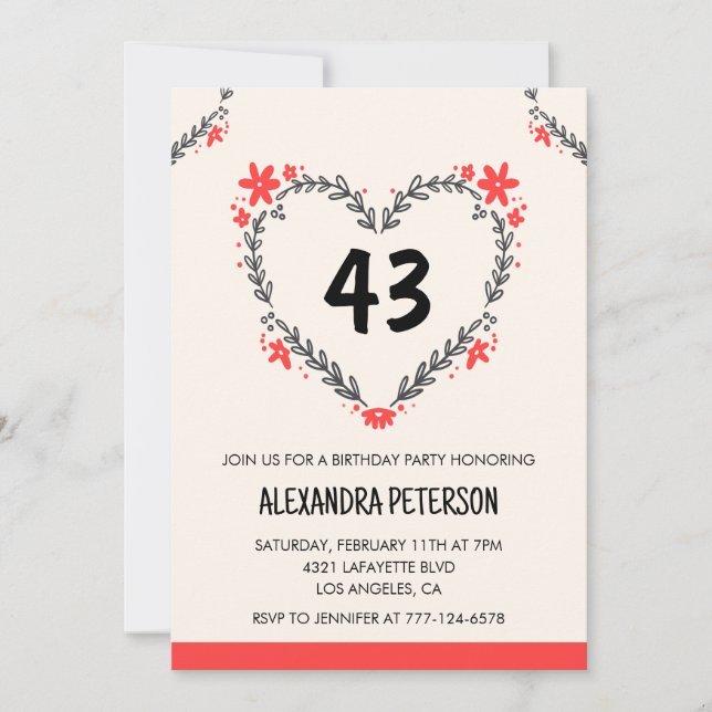 Modern Any age Floral Heart für ihren 43. Geburtst Einladung (Vorderseite)