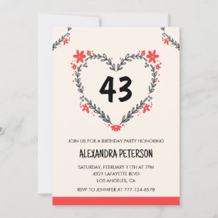 Modern Any age Floral Heart für ihren 43. Geburtst Einladung