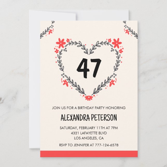 Modern Any age Floral Heart für ihren 47. Geburtst Einladung (Vorderseite)