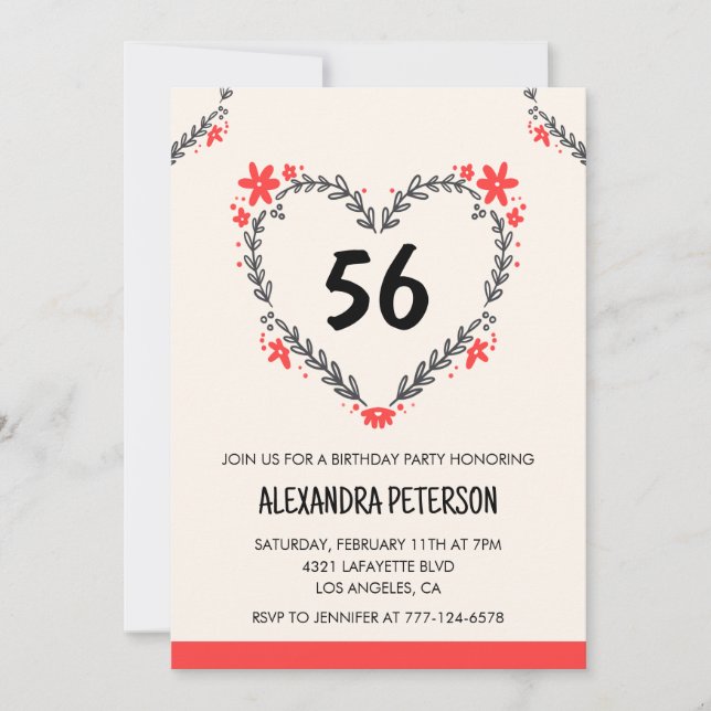 Modern Any age Floral Heart für ihren 56. Geburtst Einladung (Vorderseite)