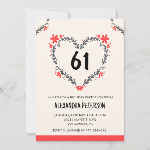 Modern Any age Floral Heart für ihren 61. Geburtst Einladung