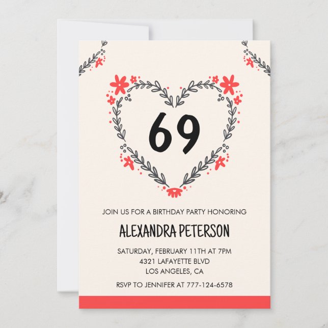 Modern Any age Floral Heart für ihren 69. Geburtst Einladung (Vorderseite)