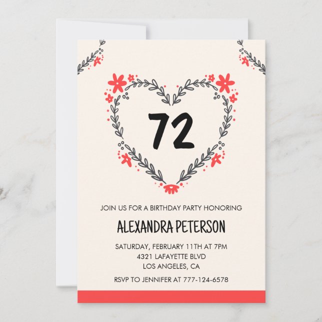 Modern Any age Floral Heart für ihren 72. Geburtst Einladung (Vorderseite)
