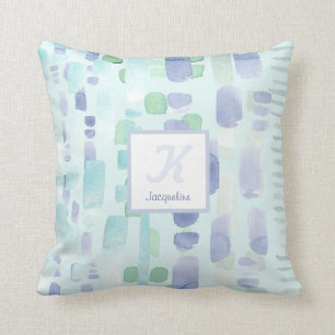 Modern Aqua Blue Brush Strokes Monogram Kissen