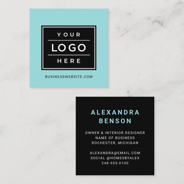 Modern Aqua Blue Custom Business Logo Quadratische Visitenkarte (Vorne/Hinten)