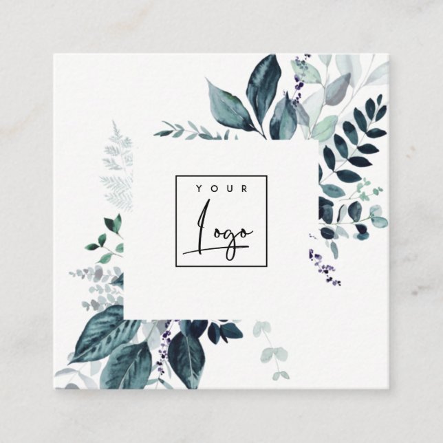 Modern Aqua Blue Leafy Tropical Foliage Fern Logo Quadratische Visitenkarte (Vorderseite)