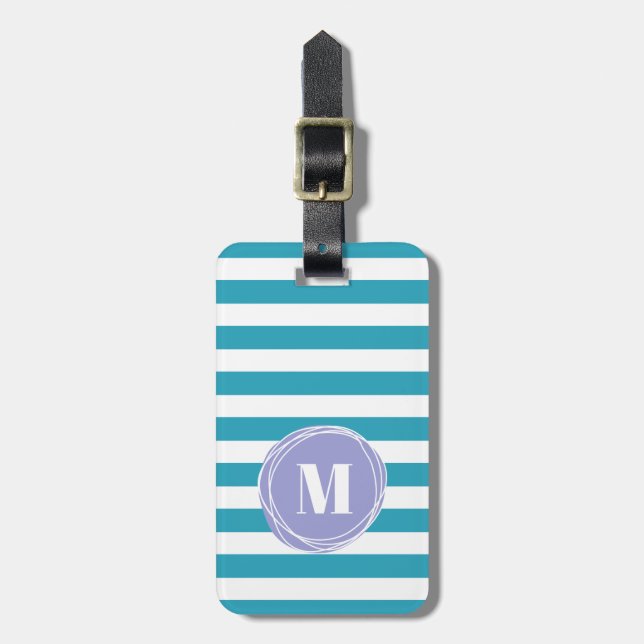 Modern Aqua Blue Stripes Monogram Gepäckanhänger (Vorderseite vertikal)