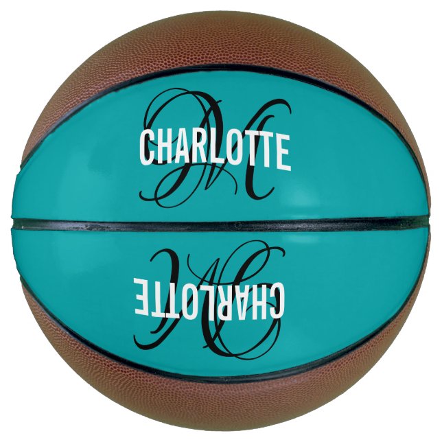 Modern aquamariner Skriptmonogramm-Name Basketball (Vorderseite)