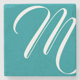 Modern Aquamarines und weißes Monogramm Steinuntersetzer