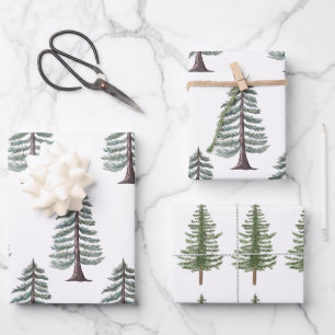 Modern Aquarell Weihnachten Grüne Pine Tree Schnee Geschenkpapier Set