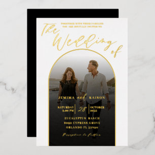 Modern Arch Gold Foil Script & Foto Wedding Folieneinladung