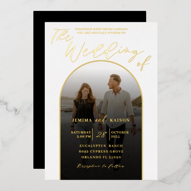 Modern Arch Gold Foil Script & Foto Wedding Folieneinladung (Vorderseite/Rückseite)