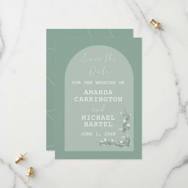 Modern Arch Green Hues Save the Date Card (Vorderseite/Rückseite Beispiel)