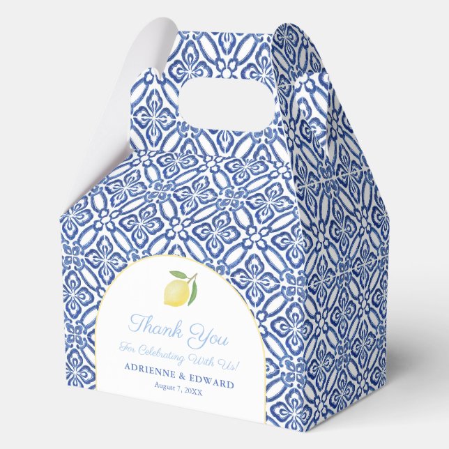 Modern Arch Italian Lemon Blue Tiles Wedding Geschenkschachtel (Vorderseite)