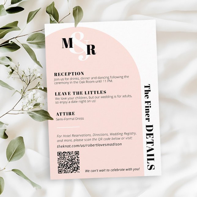Modern Arch Pink Monogram Wedding Details Card Begleitkarte (Blush pink black and white ampersand monogram arch wedding invitation The Finer Details Card QR Code)