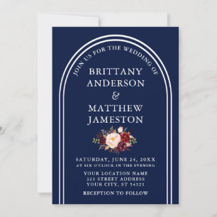 Modern Arch Wedding Burgundy Floral Blue Einladung