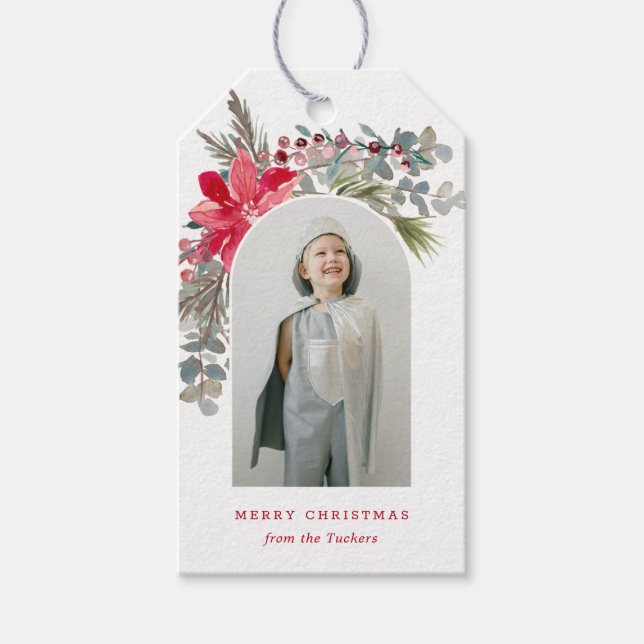 Modern Arch Weihnachten Wasserfarben Blumengebirge Geschenkanhänger (Vorderseite)