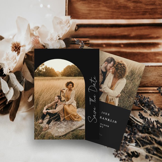 Modern Arched Frame Wedding Black Photo    Save The Date (Von Creator hochgeladen)