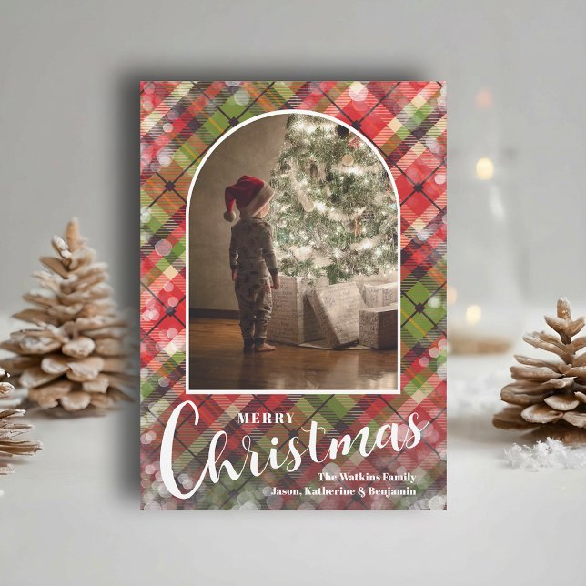 Modern Arched Photo on Plaid Feiertagskarte (Modern arched photo on Christmas plaid holiday cards, PRINTED and/or INSTANT DOWNLOAD)