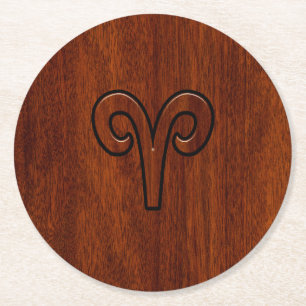 Modern Aries Zodiac Symbol auf Mahagoni wie Druck Runder Pappuntersetzer