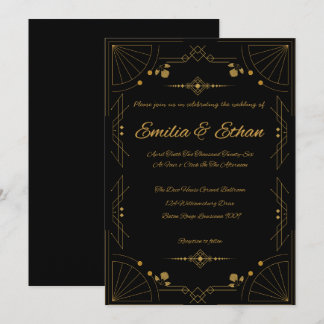 Modern Art Deco Black and Gold Wedding Invitation Einladung