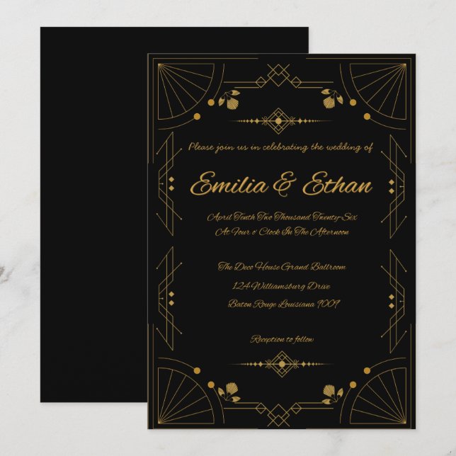 Modern Art Deco Black and Gold Wedding Invitation Einladung (Vorne/Hinten)