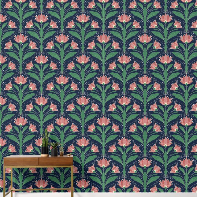 Modern Art Deco Boho Red Floral on Navy Blue Tapete (Korridor)