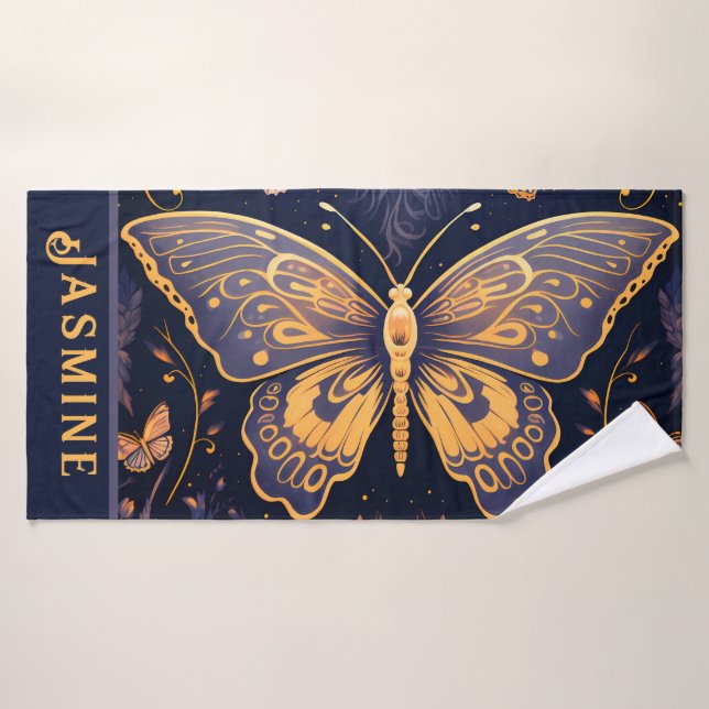 Modern Art Deco Lila Blue Gold Butterfly Badhandtuch Set (Badehandtuch)