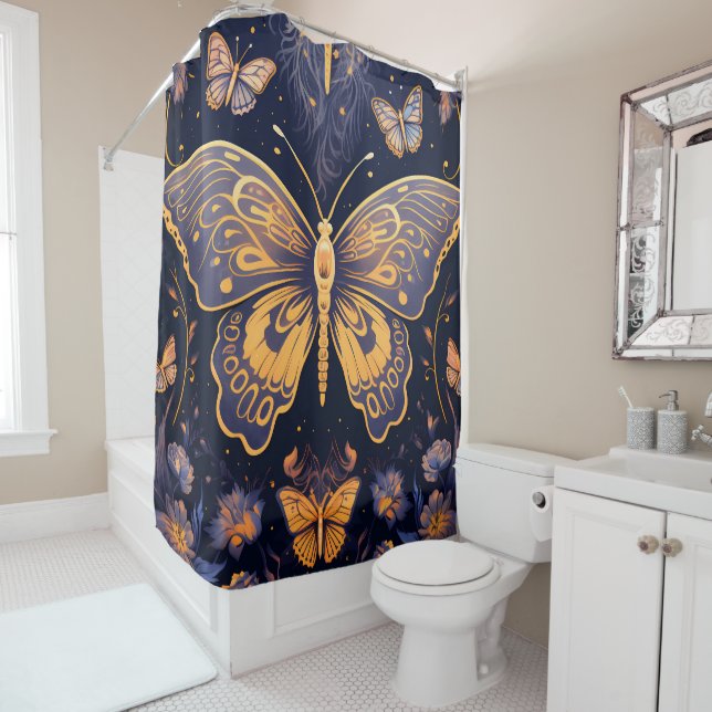 Modern Art Deco Lila Blue Gold Butterfly Duschvorhang (Beispiel)