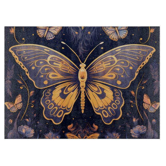 Modern Art Deco Lila Blue Gold Butterfly Schneidebrett (Vorderseite)