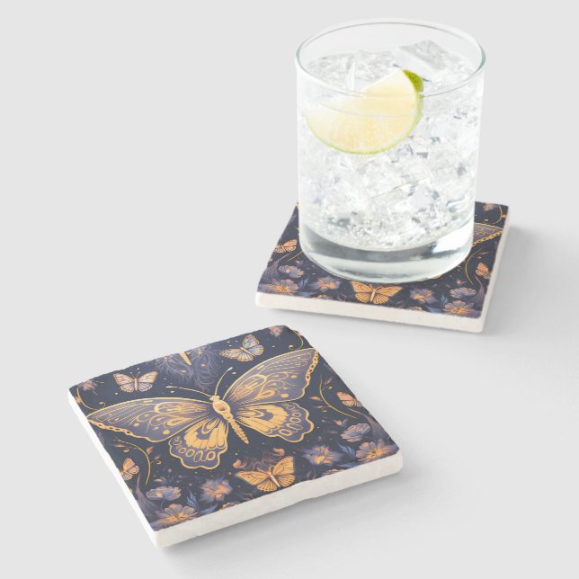 Modern Art Deco Lila Blue Gold Butterfly Steinuntersetzer (Seitenansicht)