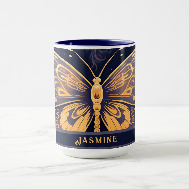 Modern Art Deco Lila Blue Gold Butterfly Tasse (Zentrum)
