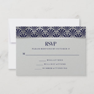 Modern Art Deco   Navy and Faux Silver RSVP Karte