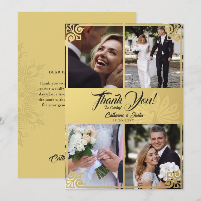 Modern Art Deco Pfau Gold 4 Foto Hochzeit Dankeskarte (Vorne/Hinten)