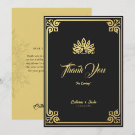 Modern Art Deco Pfau Gold und Schwarze Hochzeit Dankeskarte