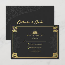 Modern Art Deco Pfau Gold und Schwarze Hochzeit RSVP Karte