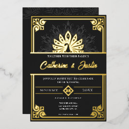 Modern Art Deco Pfau Hochzeit Gold Folieneinladung