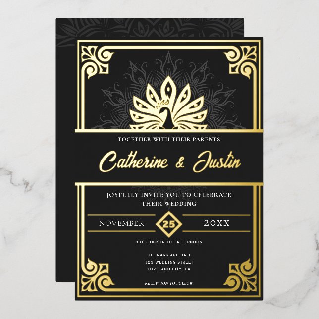Modern Art Deco Pfau Hochzeit Gold Folieneinladung (Vorderseite/Rückseite)