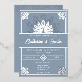 Modern Art Deco Pfauenhochzeit Silver Folieneinladung