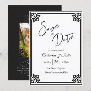 Modern Art Deco Schwarz-weißes Pfauenhochzeit Foto Save The Date