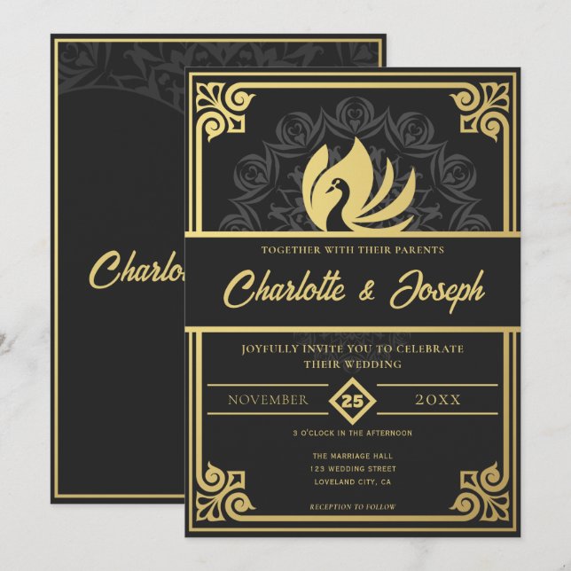 Modern Art Deco Swan Gold und Black Wedding Einladung (Vorne/Hinten)