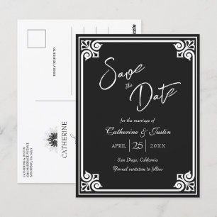 Modern Art Deco White Black Peacock Save the Date Postkarte