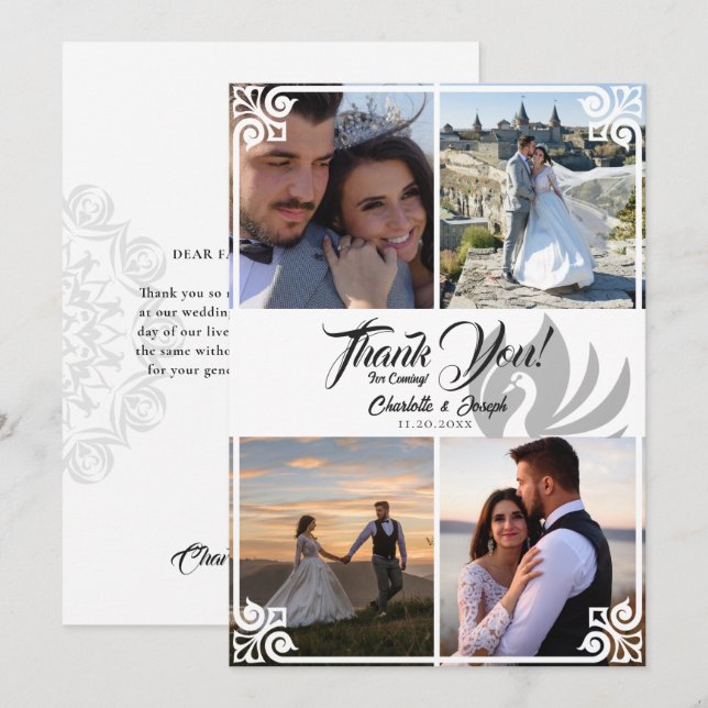 Modern Art Deco White Swan 4 Foto Wedding Dankeskarte (Vorne/Hinten)