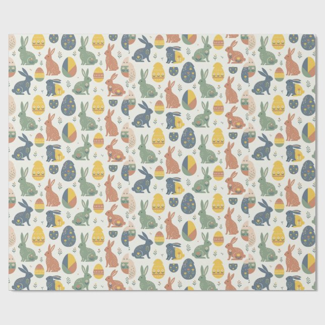 Modern Art Easter Bunny & Floral Egg Pattern Wrap Geschenkpapier (Flach)