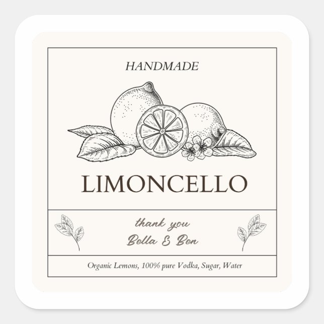 Modern Artisan Lemon Wedding Limoncello Flasche Quadratischer Aufkleber (Vorderseite)