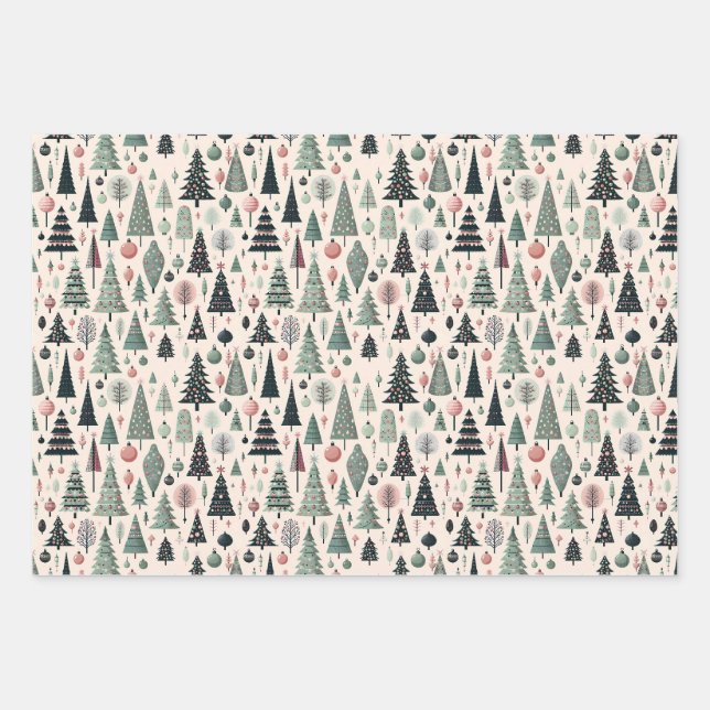 Modern Artistic Pink Tree Christmas Wrapping Paper Geschenkpapier Set (Vorderseite)