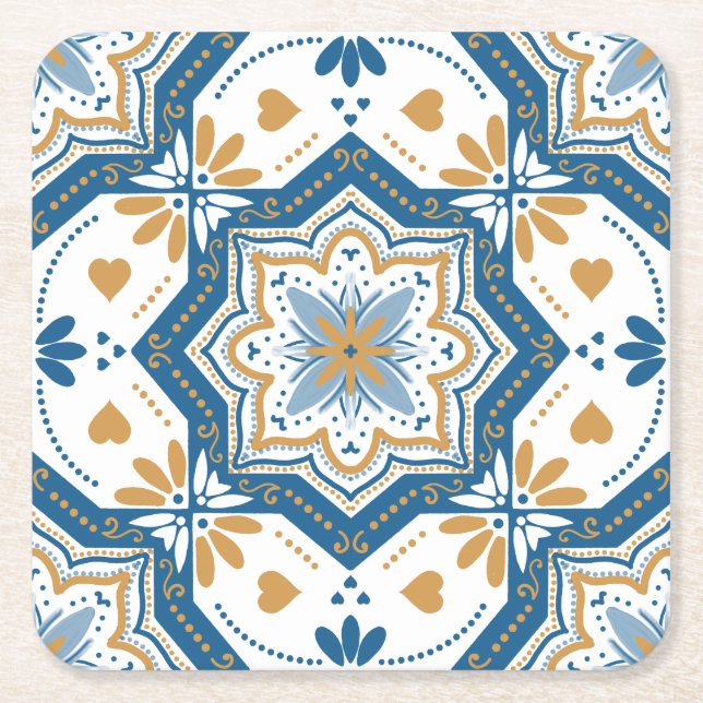 Modern Azulejo Blue Yellow Portugiesische Muster Rechteckiger Pappuntersetzer (Vorderseite)